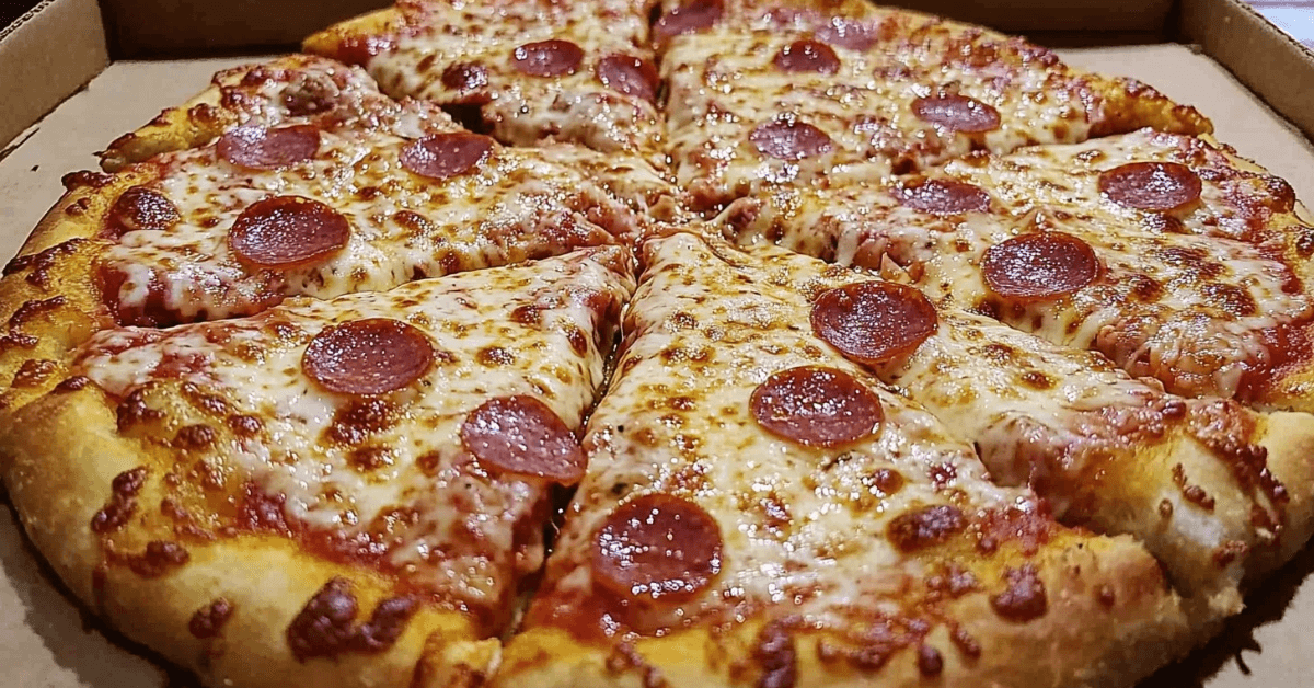 A freshly baked 10-inch pizza with a golden crust, gooey cheese, and delicious toppings, sliced and ready to serve.