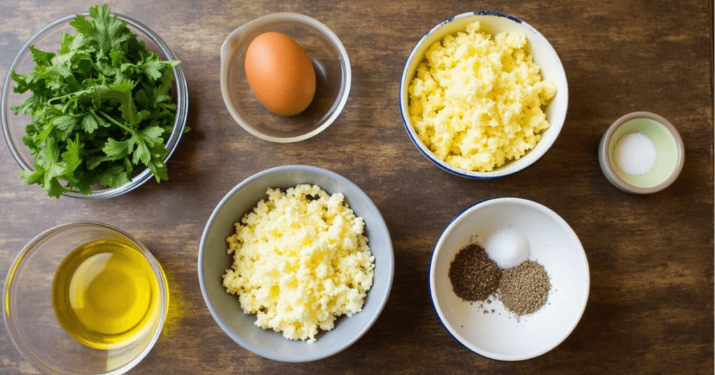 Simple ingredients for making hash brown patties, including shredded potatoes, oil, and seasonings.