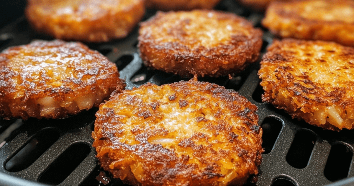 Golden and crispy hash brown patties cooked in an air fryer