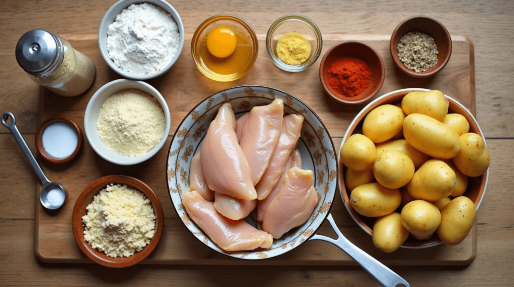 Fresh ingredients for chicken tenders and fries, including chicken, potatoes, flour, eggs, and spices, neatly arranged on a kitchen counter