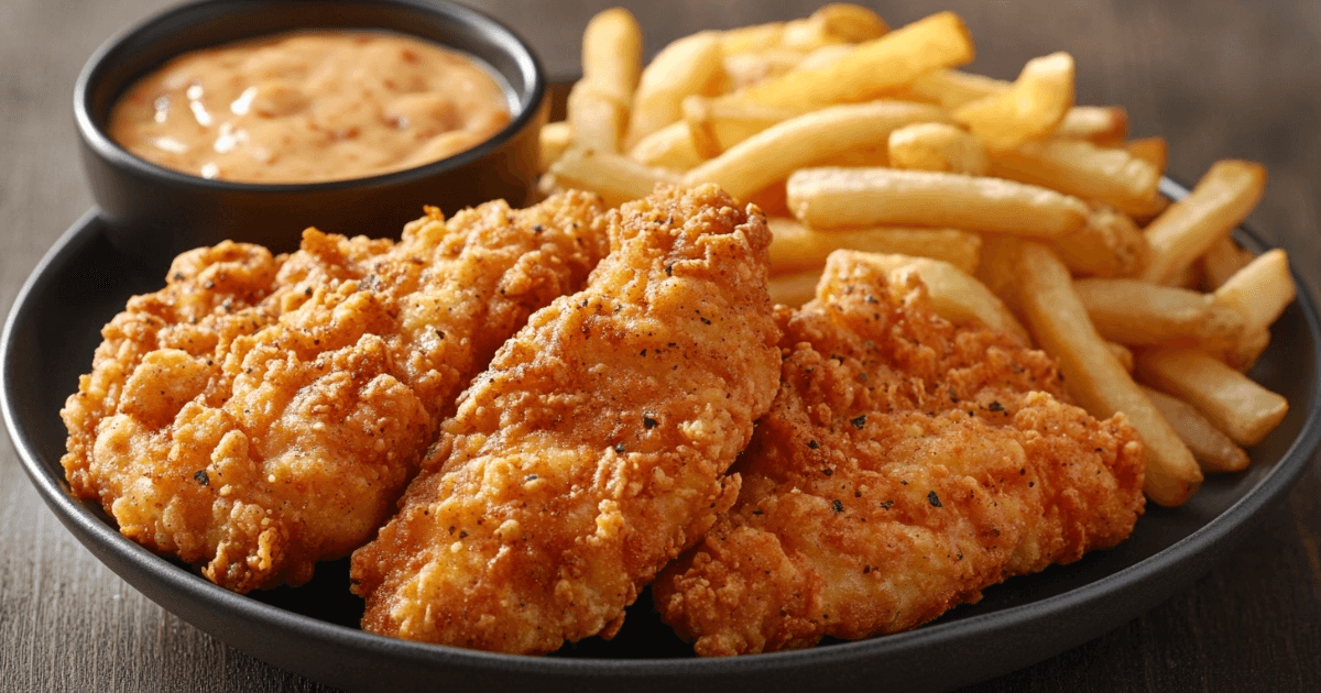 Close-up of crispy chicken tenders and fries served with dipping sauce on a wooden table