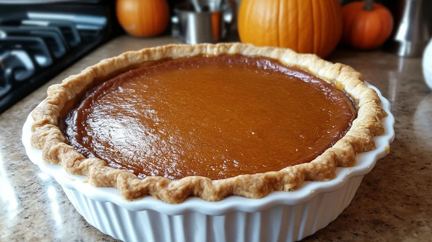 A slice of dairy free pumpkin pie topped with whipped coconut cream on a white plate, surrounded by autumn decorations