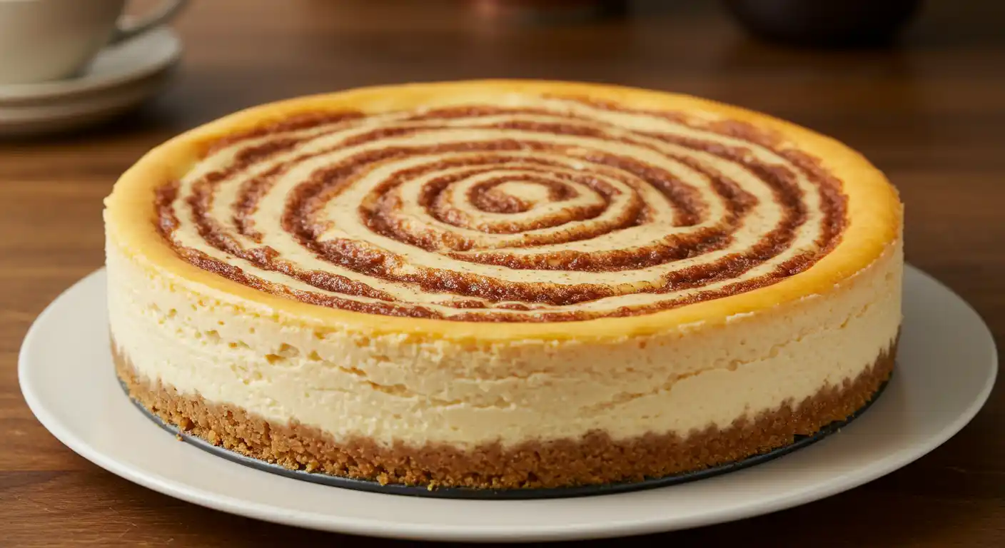 Decadent cinnamon roll cheesecake with creamy layers, cinnamon swirls, and caramel drizzle.