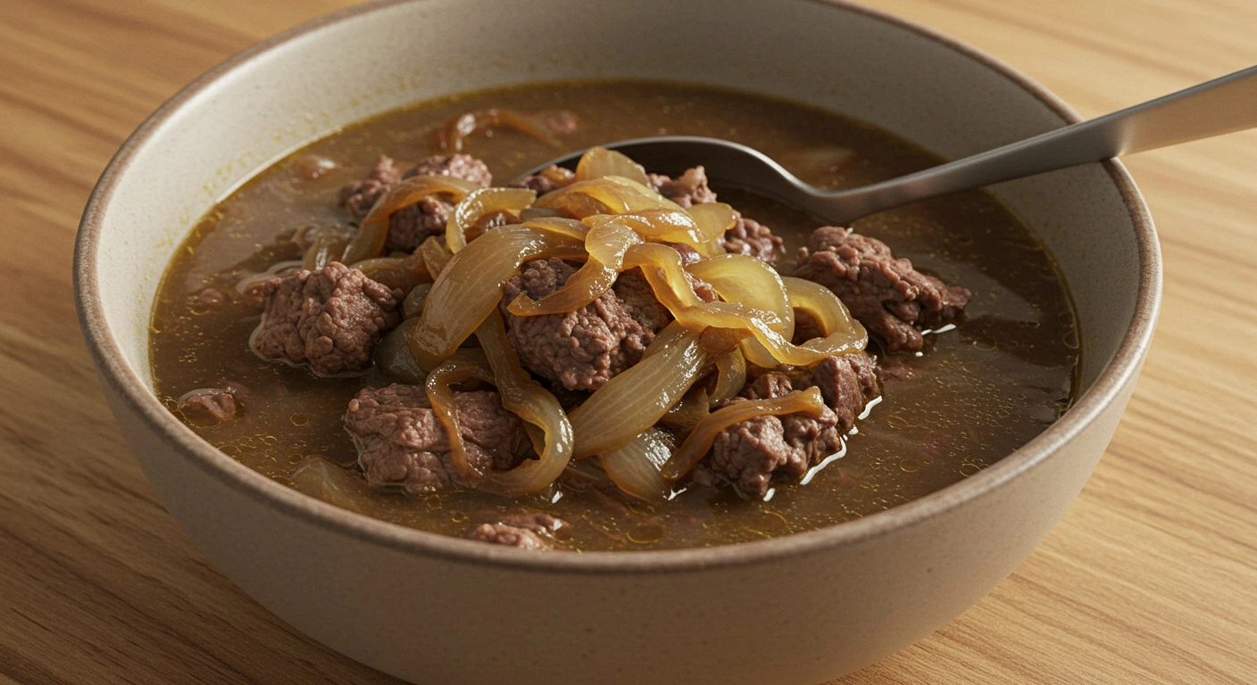 Delicious bowl of beefy onion soup mix garnished with fresh parsley and served with a side of crusty bread.