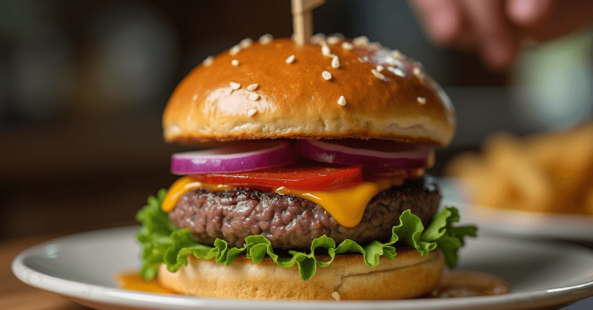 Delicious wagyu burger stacked high with toppings on a rustic wooden table